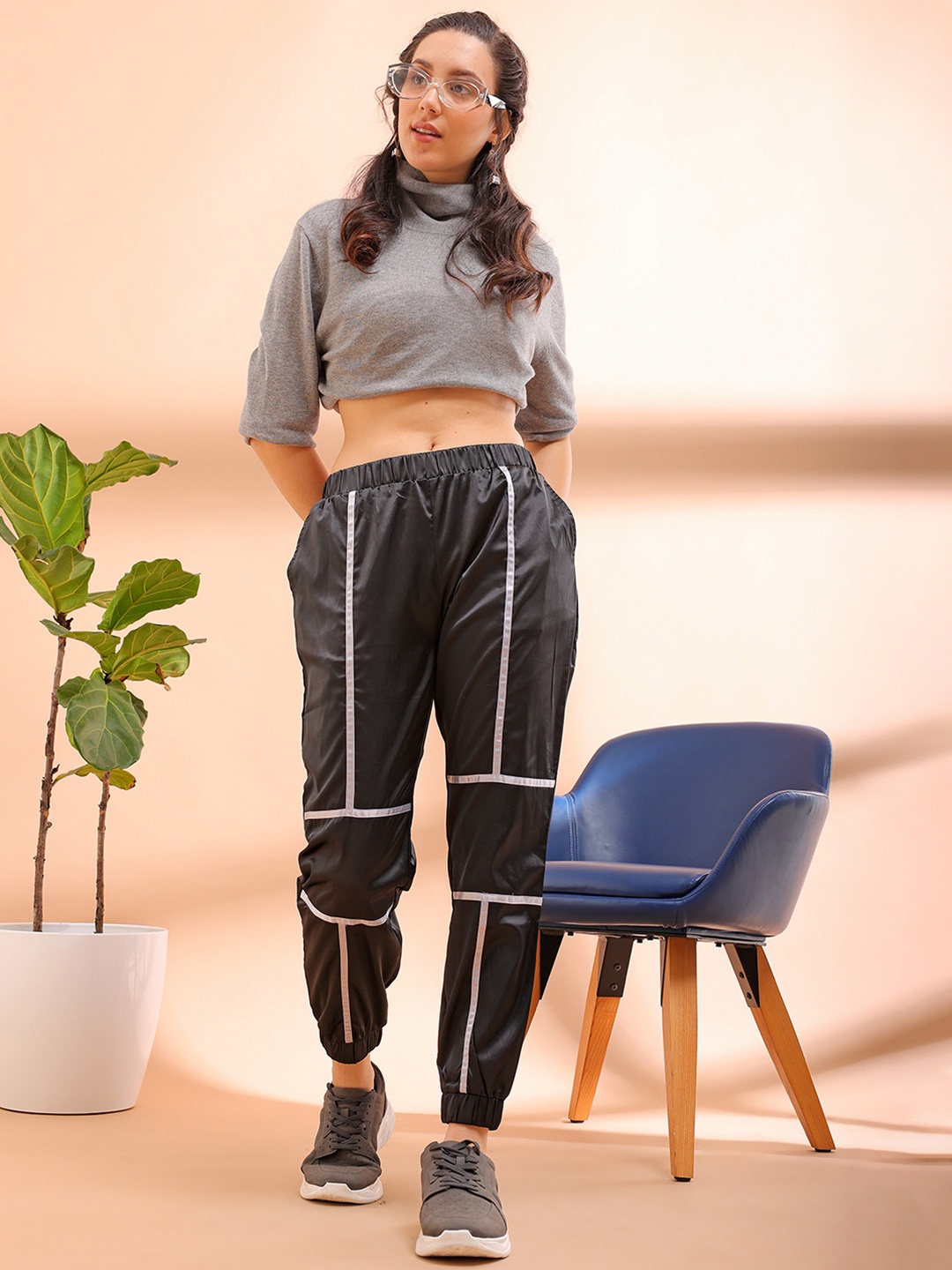 

Freehand by The Indian Garage Co Women Black Striped High-Rise Joggers