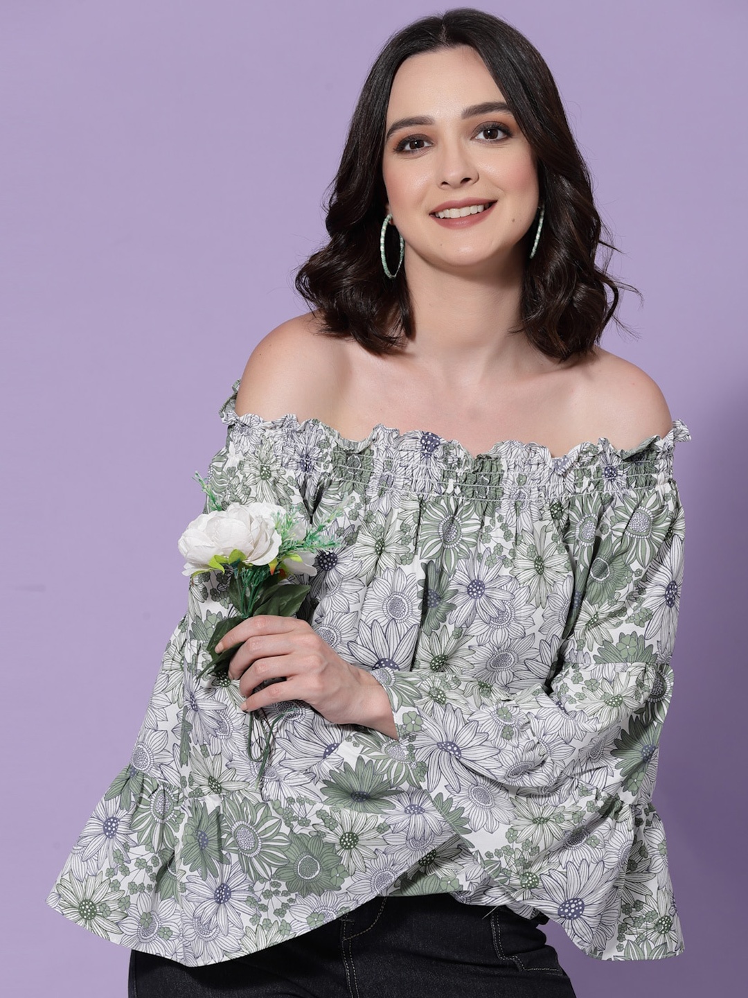 

Oomph! Floral Printed Off-Shoulder Bell Sleeves Smocked Bardot Top, Green
