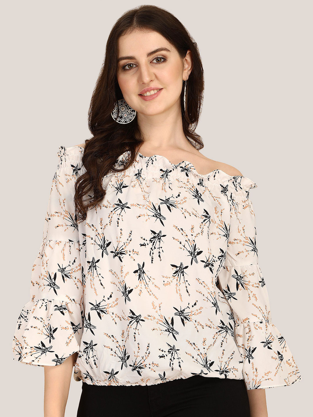 

Oomph! Floral Printed Off-Shoulder Bell Sleeve Bardot Top, Off white