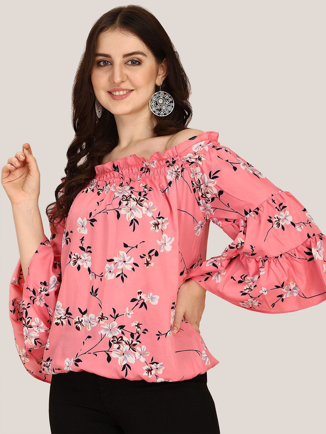 

Oomph! Off-Shoulder Flared Sleeve Smocked Effect Bardot Regular Top, Peach