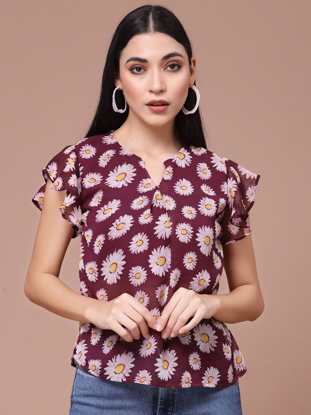 

Oomph! Floral Printed Flutter Sleeve Top, Maroon