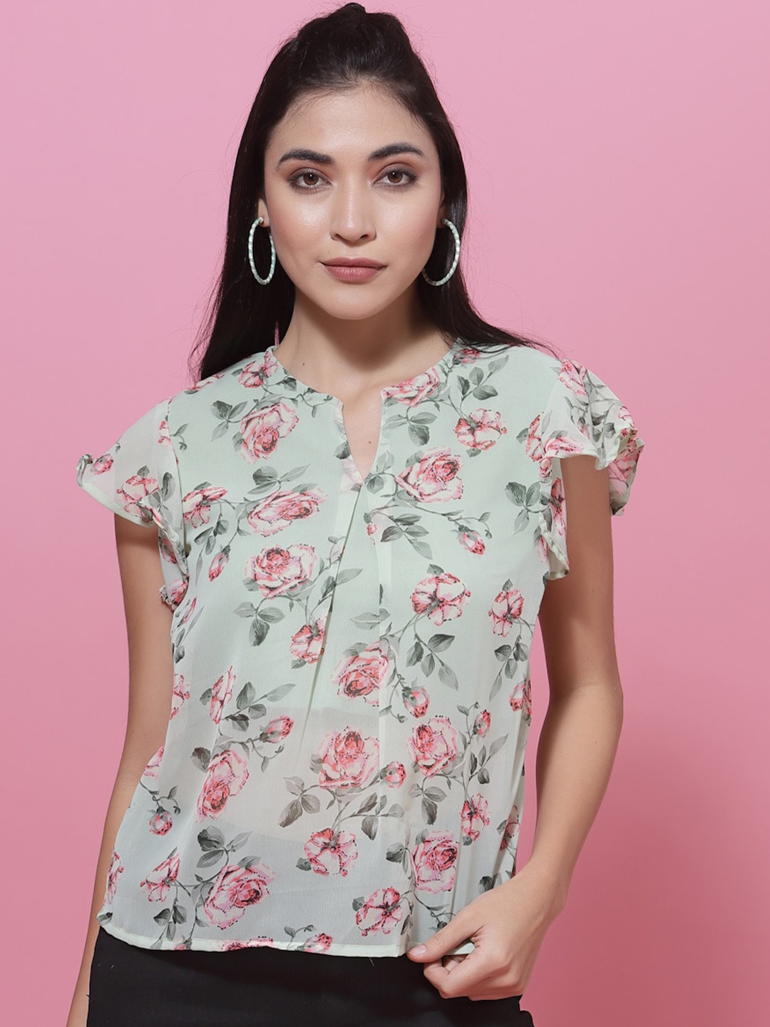 

Oomph! Floral Printed Notched Collar Flutter Sleeves Georgette Top, Green