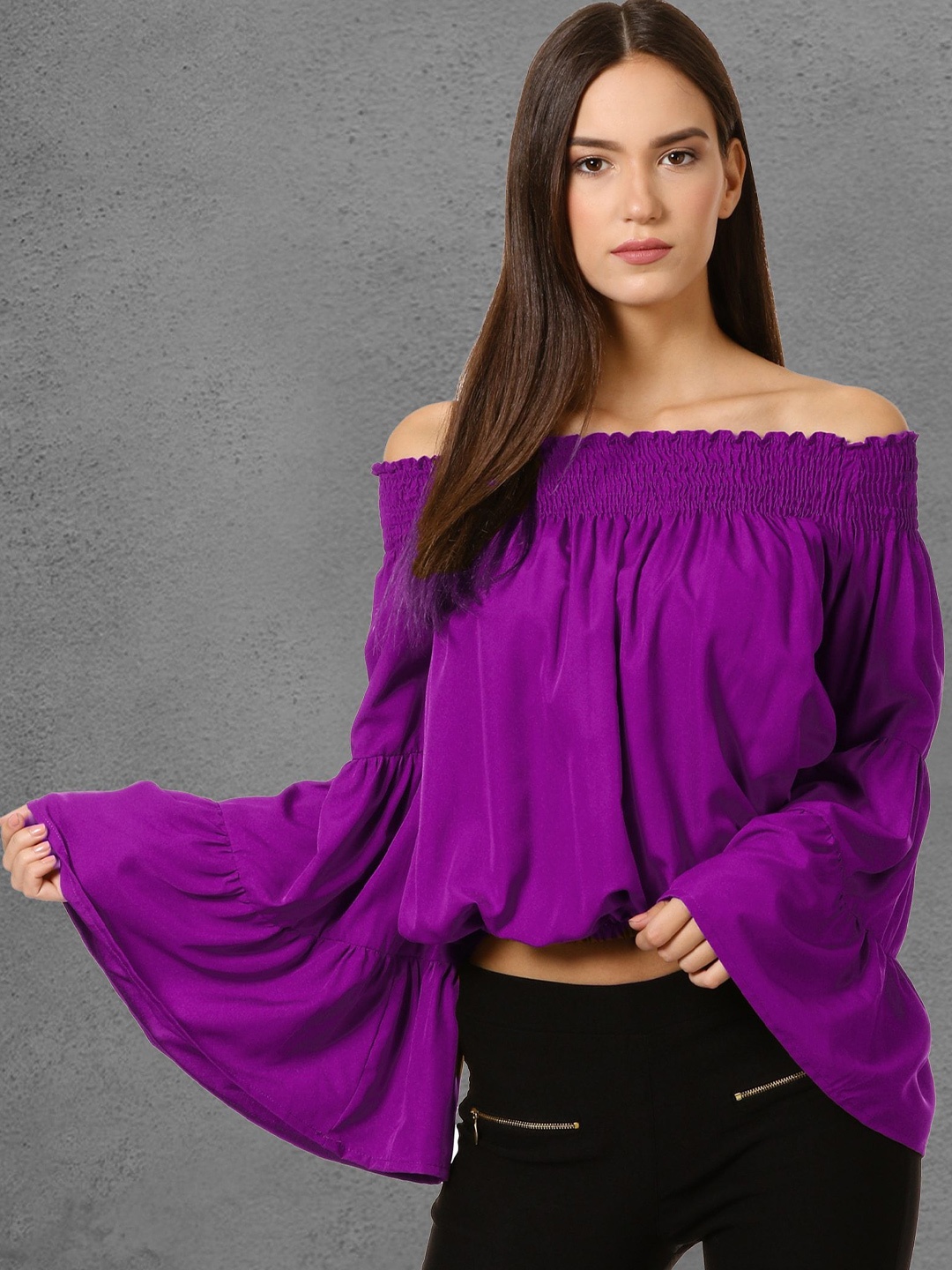 

Oomph! Off-Shoulder Flared Sleeve Smocking Effect Bardot Crop Top, Purple