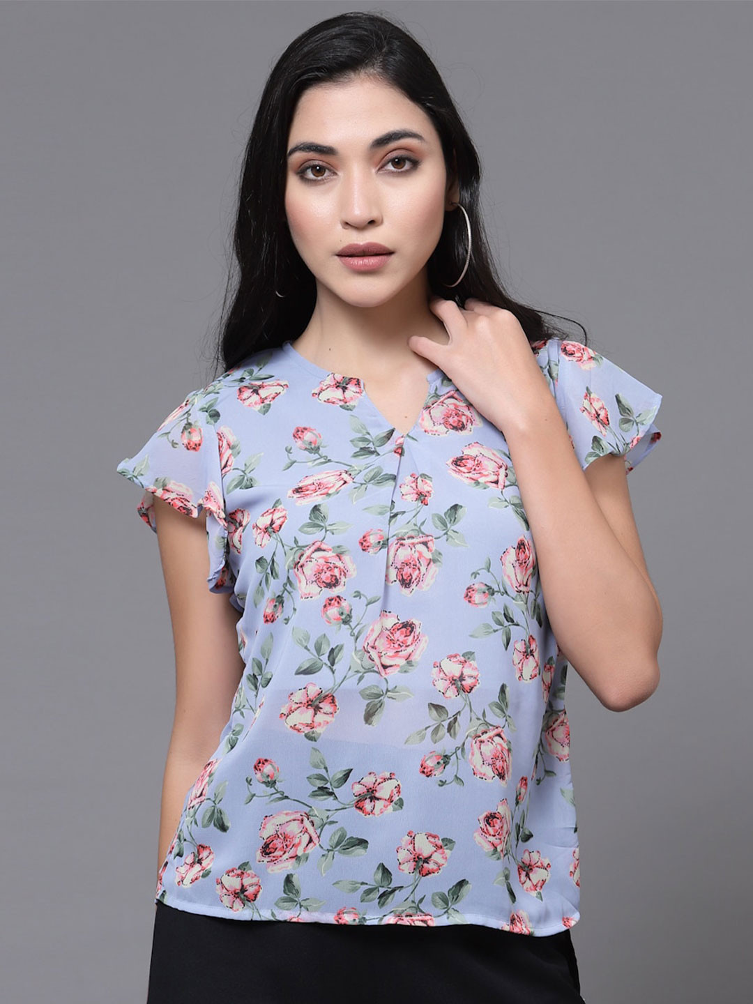 

Oomph! Floral Printed Notch Neck Flutter Sleeve Semi-Sheer Top, Grey