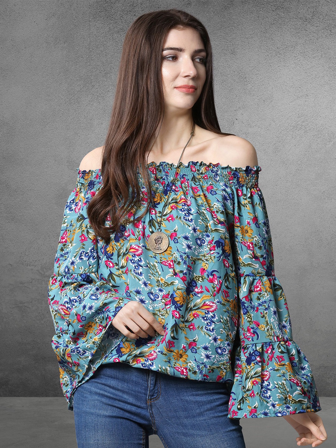 

Oomph! Blue Floral Printed Off-Shoulder Bell Sleeves Smocked Bardot Top
