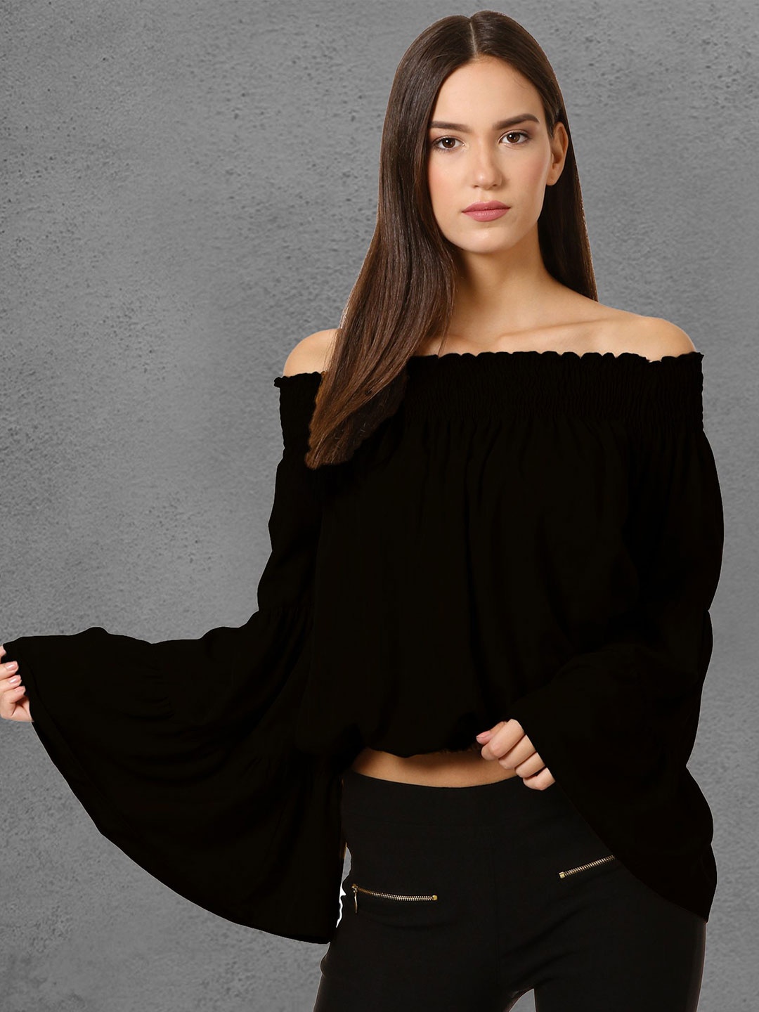 

Oomph! Off-Shoulder Bell Sleeve Smocked Bardot Crop Top, Black