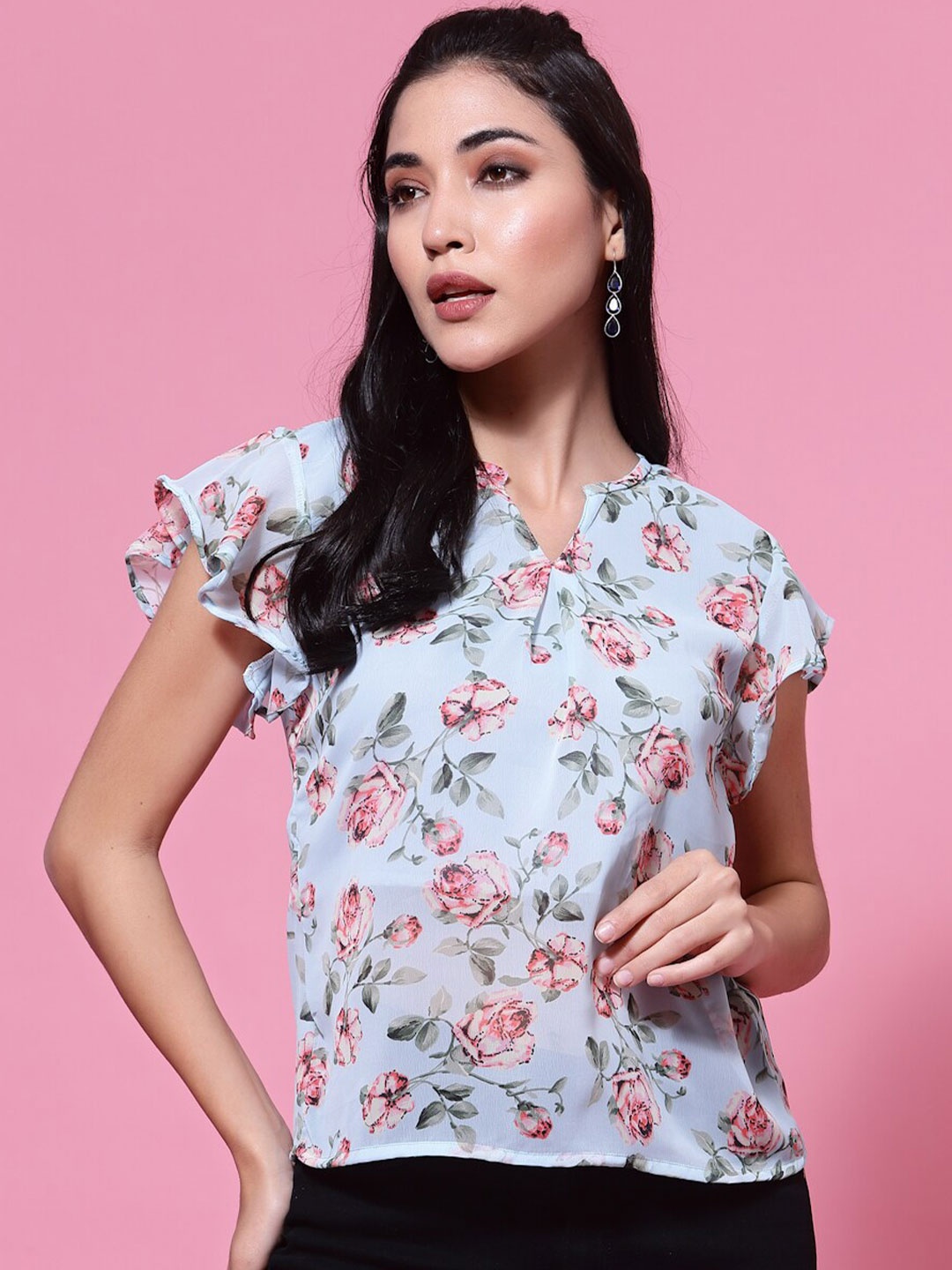 Oomph! Floral Printed Notched neck Flutter Sleeves Regular Top, Blue