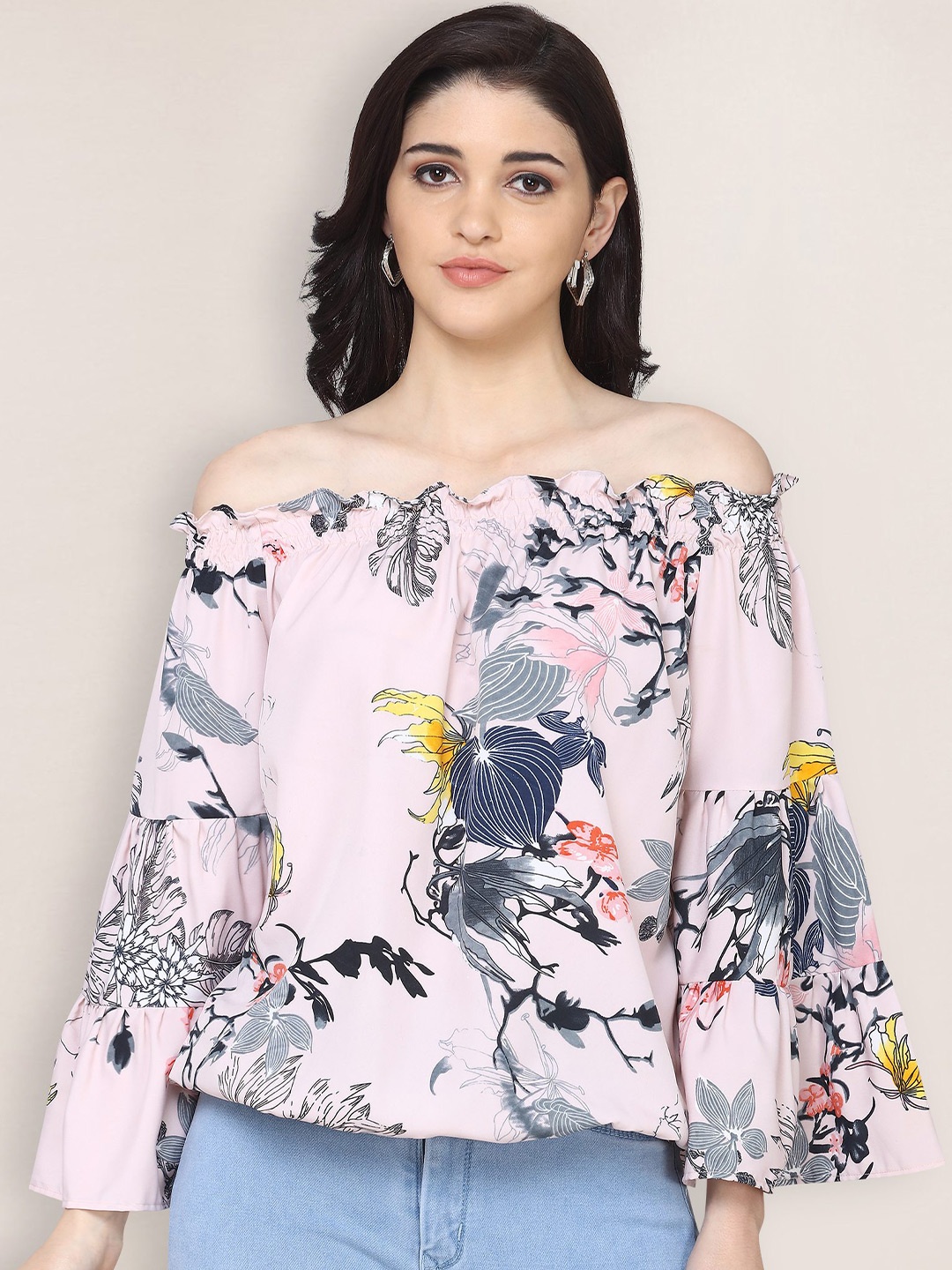 

Oomph! Floral Printed Off-Shoulder Bell Sleeve Smocked Crepe Bardot Top, Pink