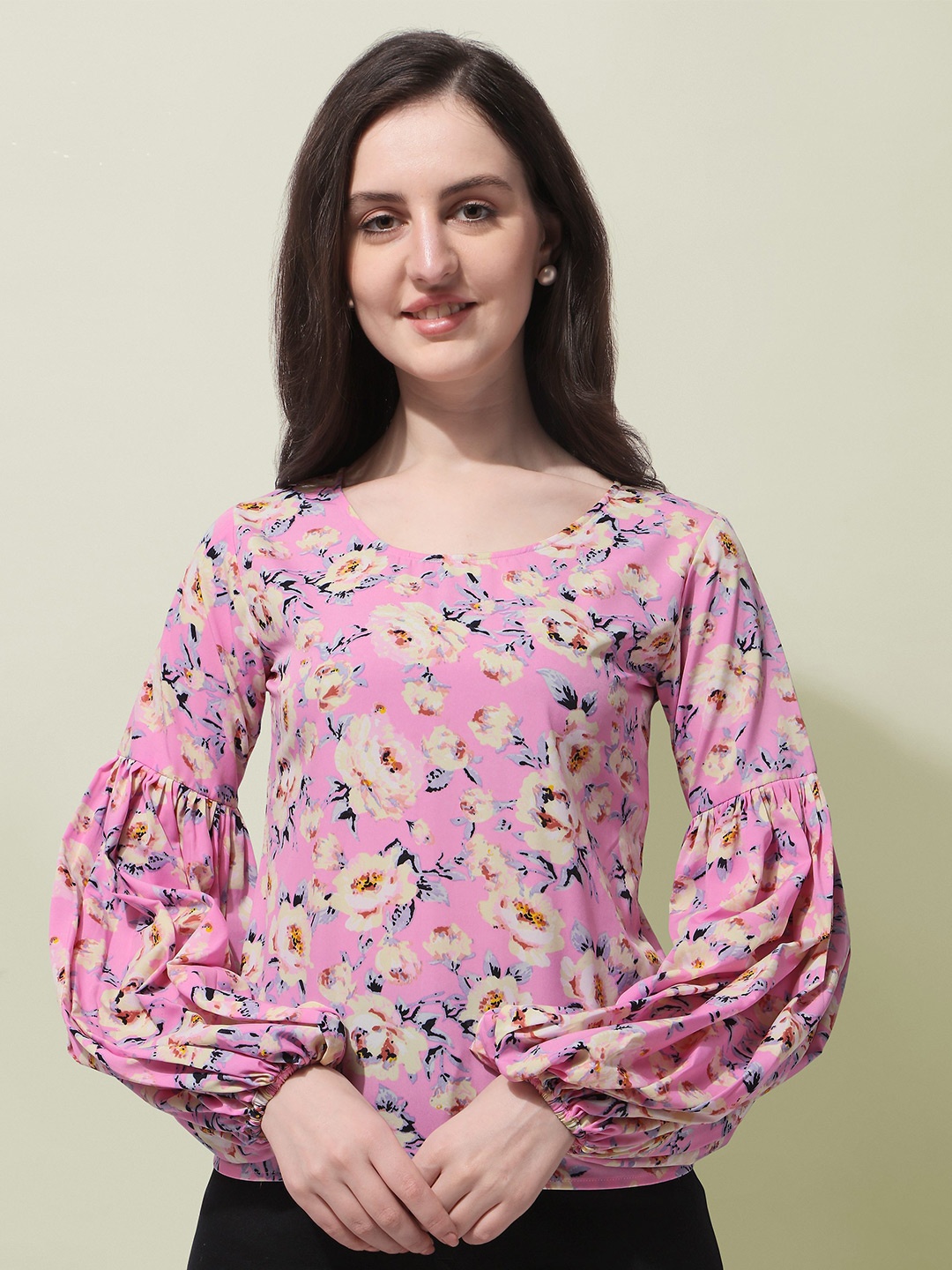 

Oomph! Floral Printed Round Neck Long Puff Sleeves Regular Top, Pink
