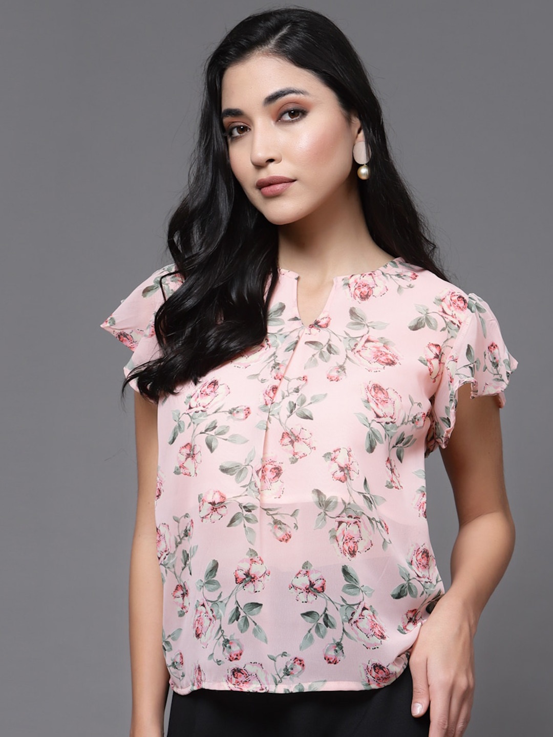 

Oomph! Floral Printed Mandarin Collar Flared Sleeves Semi-Sheer Top, Pink