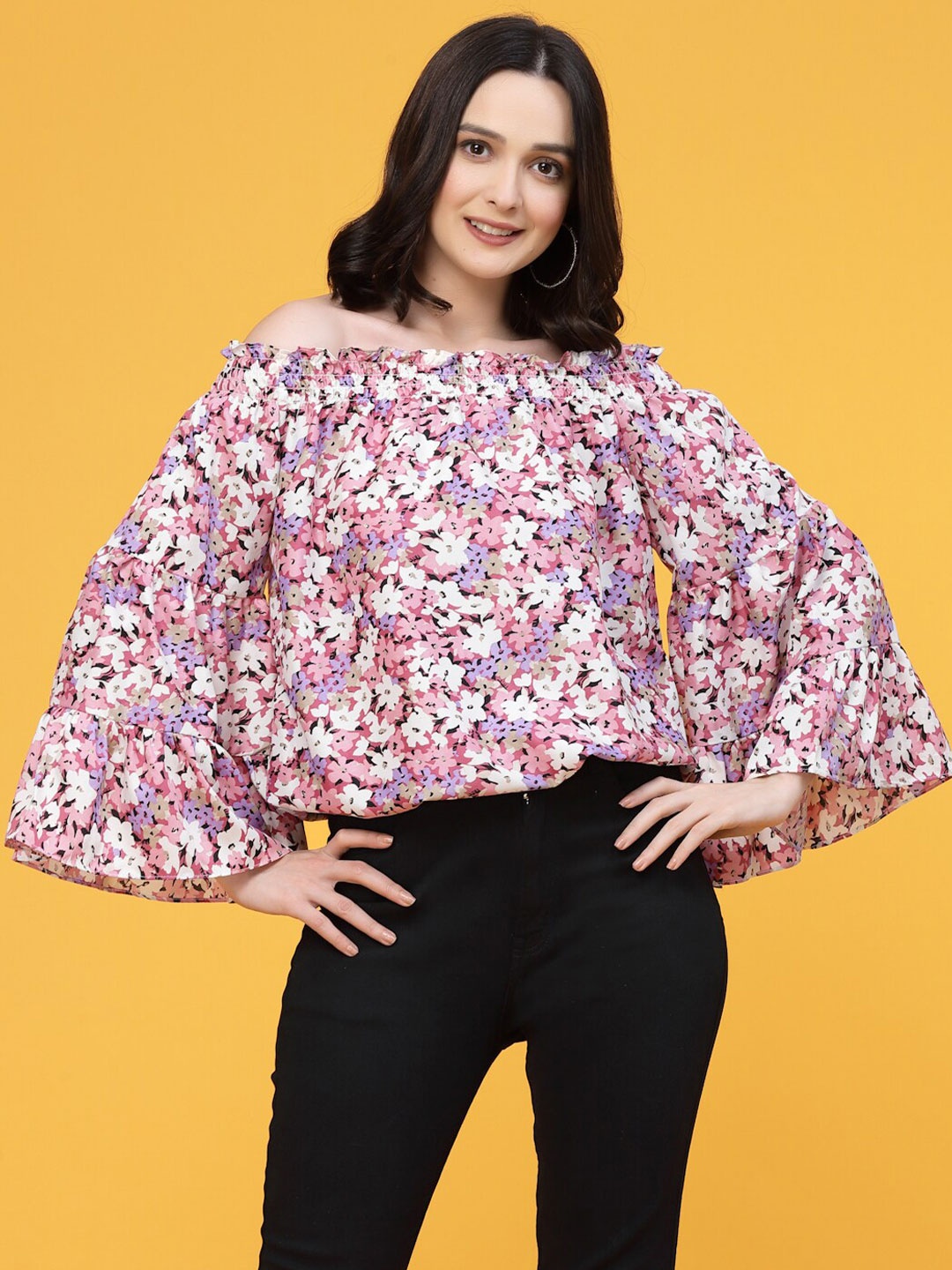 

Oomph! Blue Floral Printed Off-Shoulder Bell Sleeves Smocked Bardot Top, Pink
