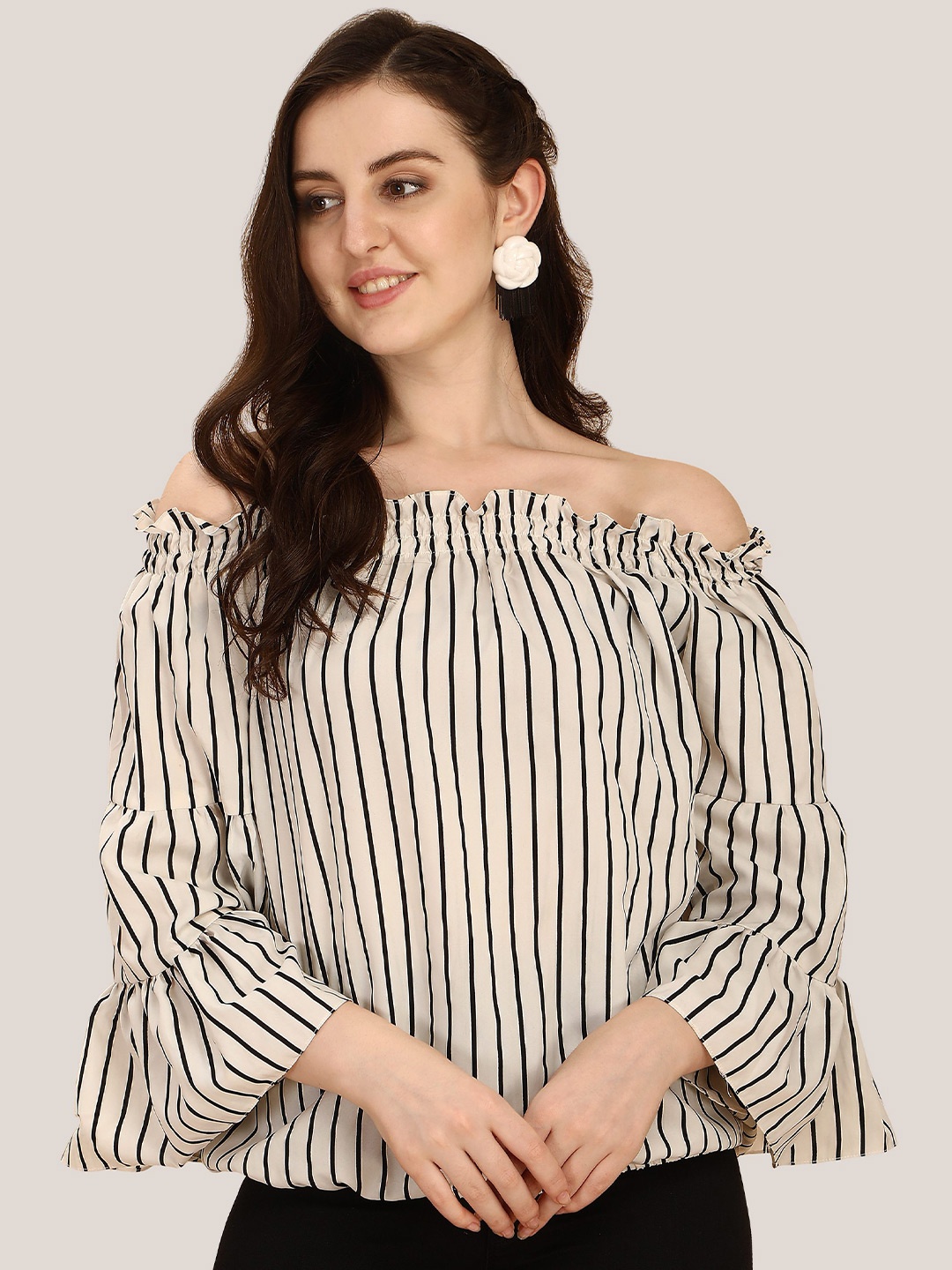 

Oomph! Striped Off-Shoulder Bell Sleeve Smocked Crepe Bardot Top, Off white