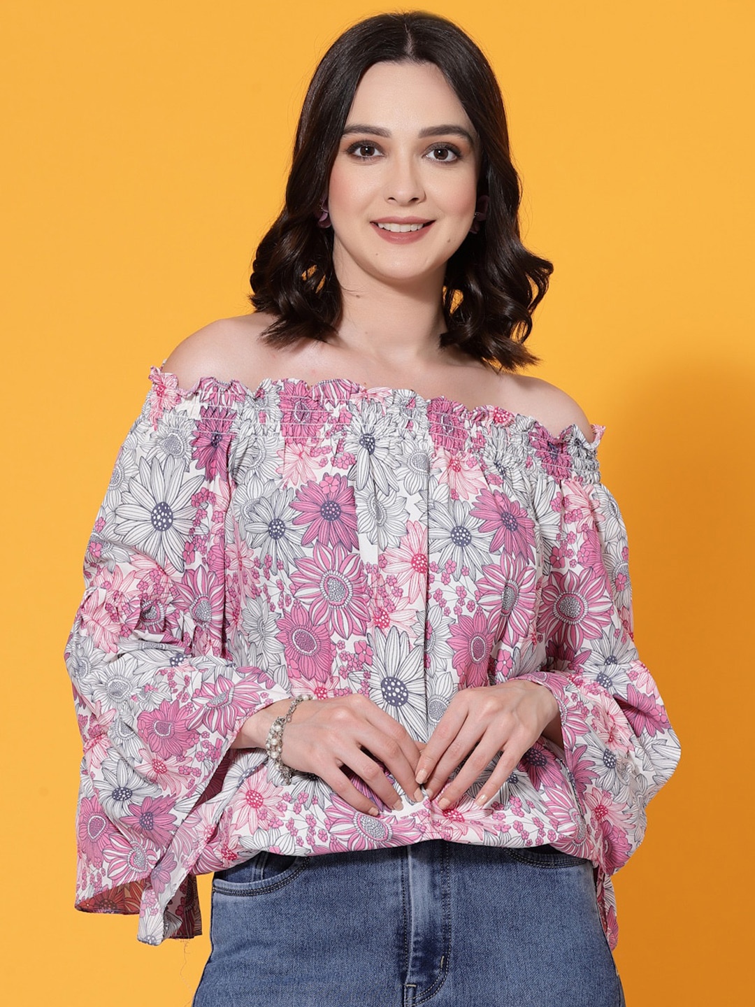 

Oomph! Floral Printed Off-Shoulder Bell Sleeves Smocked Bardot Top, Pink