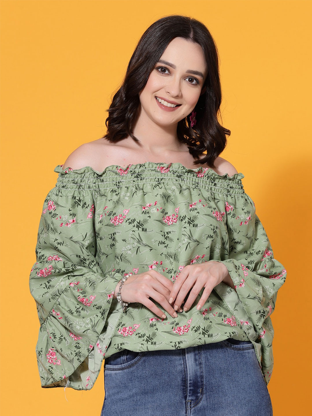 

Oomph! Yellow Floral Printed Off-Shoulder Flared Sleeve Smocked Bardot Top, Green