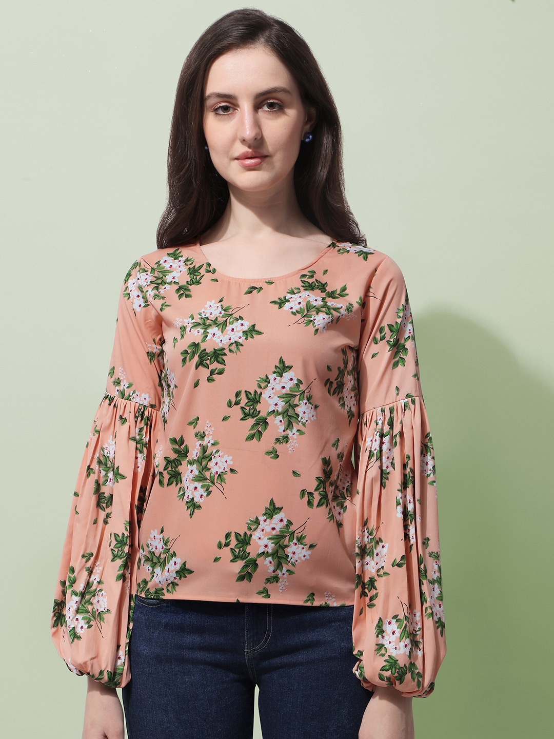 Oomph! Floral Printed Cuff Sleeves Crepe Top, Orange
