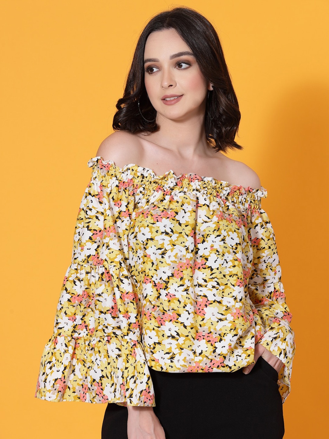 

Oomph! Blue Floral Printed Off-Shoulder Bell Sleeves Smocked Bardot Top, Yellow