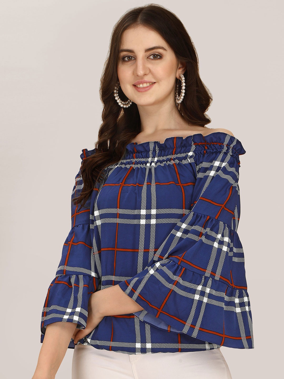 

Oomph! Checked Off-Shoulder Bell Sleeves Bardot Top, Blue