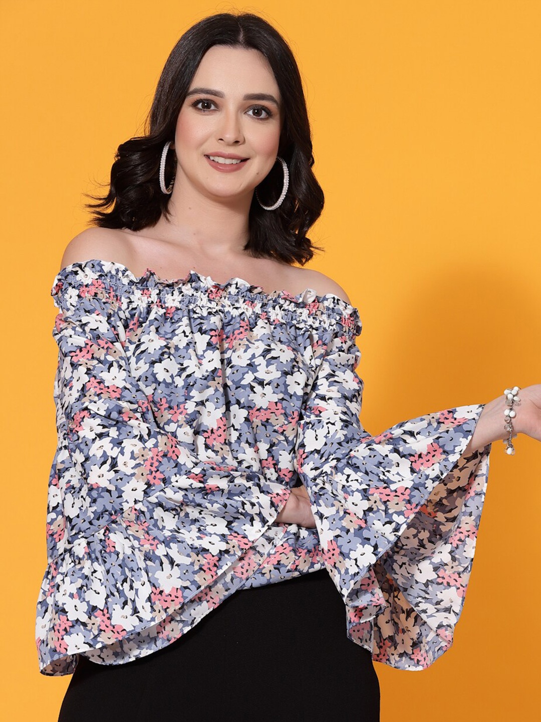 

Oomph! Floral Printed Off-Shoulder Flared Sleeve Smocked Detail Bardot Regular Top, Blue
