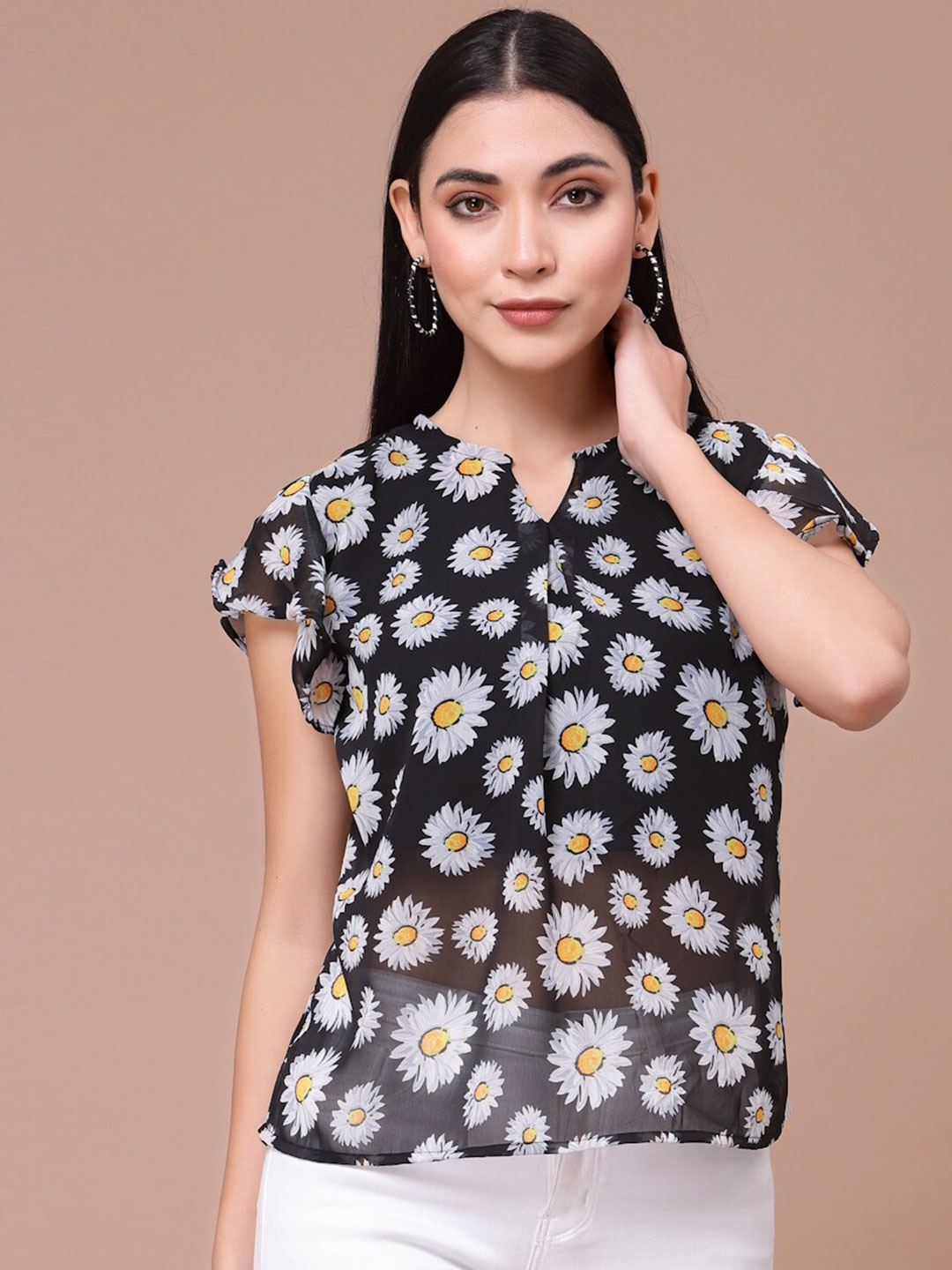 

Oomph! Floral Printed Flutter Sleeves Georgette Top, Black