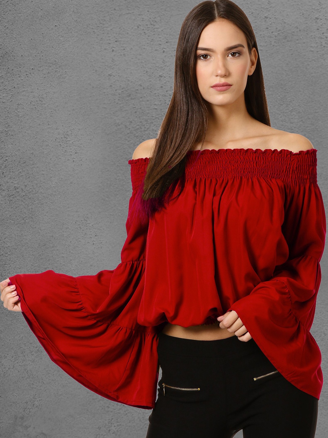 

Oomph! Off-Shoulder Bell Sleeves Smocked Bardot Top, Red