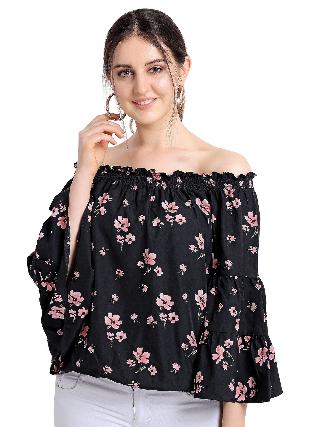 

Oomph! Floral Printed Off-Shoulder Bell Sleeve Smocked Crepe Bardot Top, Black