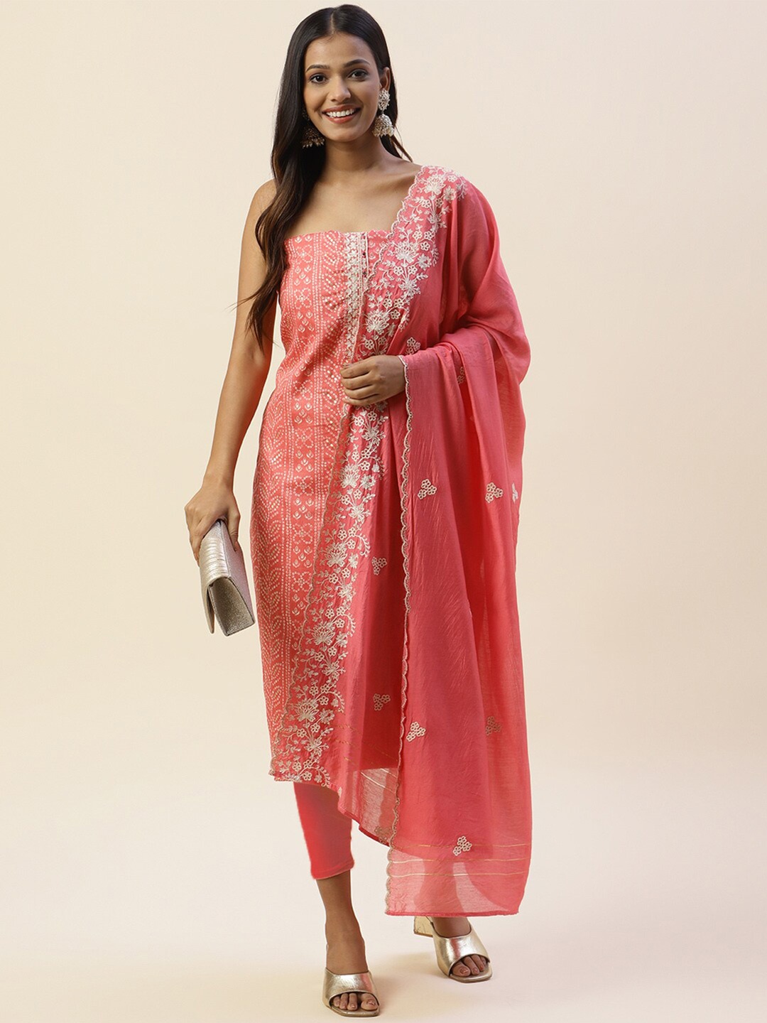 

Meena Bazaar Bandhani Printed Unstitched Dress Material, Pink