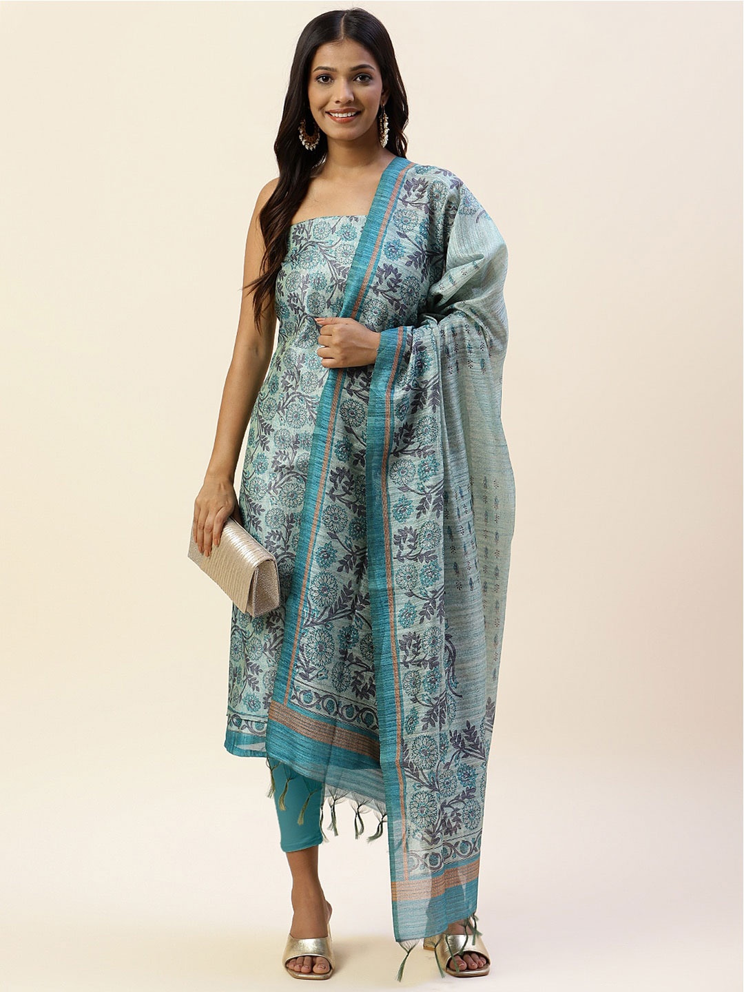 

Meena Bazaar Printed Art Silk Unstitched Dress Material, Turquoise blue