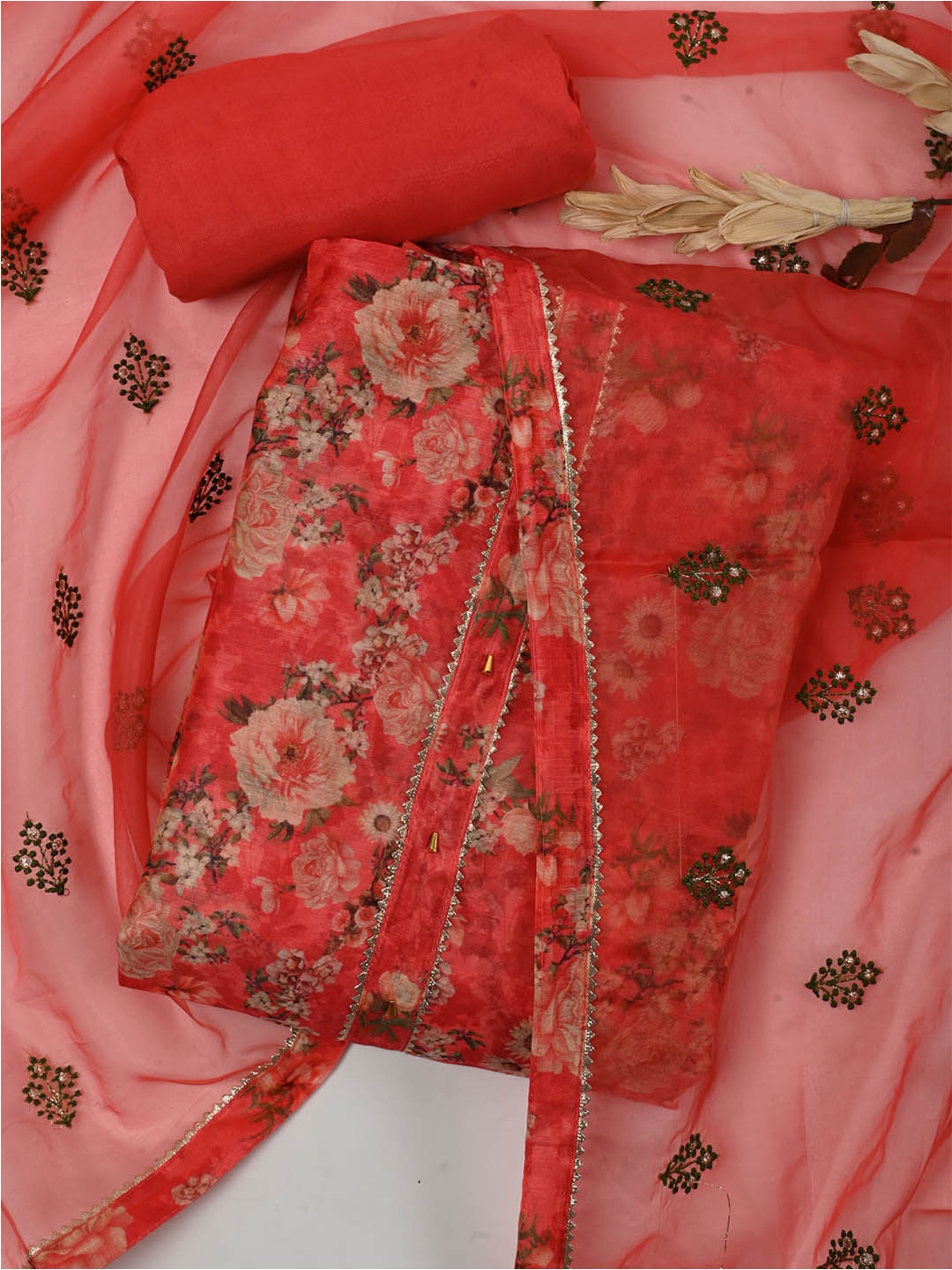 

Meena Bazaar Printed Art Silk Unstitched Dress Material, Red