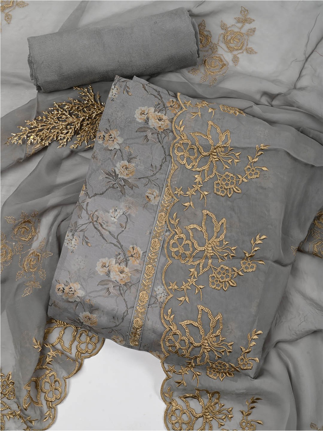 

Meena Bazaar Embroidered Organza Unstitched Dress Material, Grey