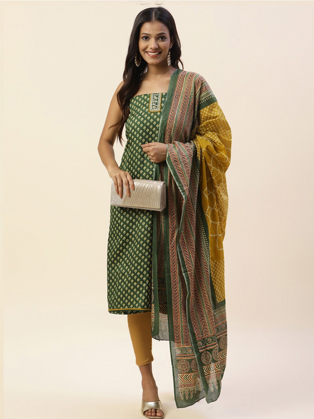 

Meena Bazaar Printed Sequinned Unstitched Dress Material, Green