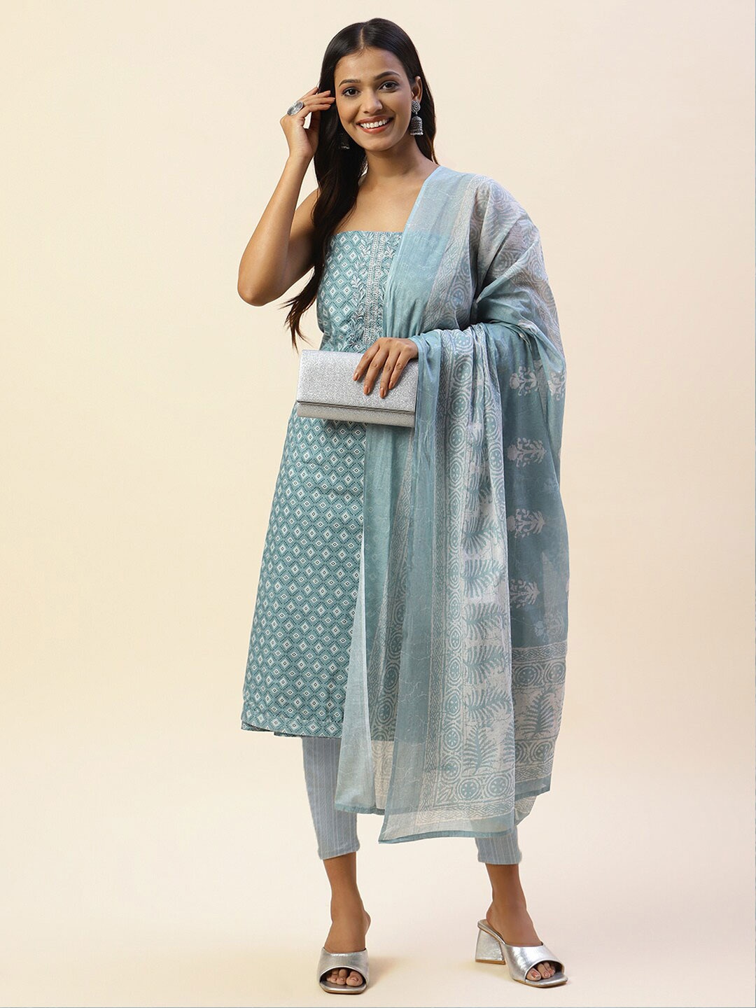 

Meena Bazaar Printed Unstitched Dress Material, Grey