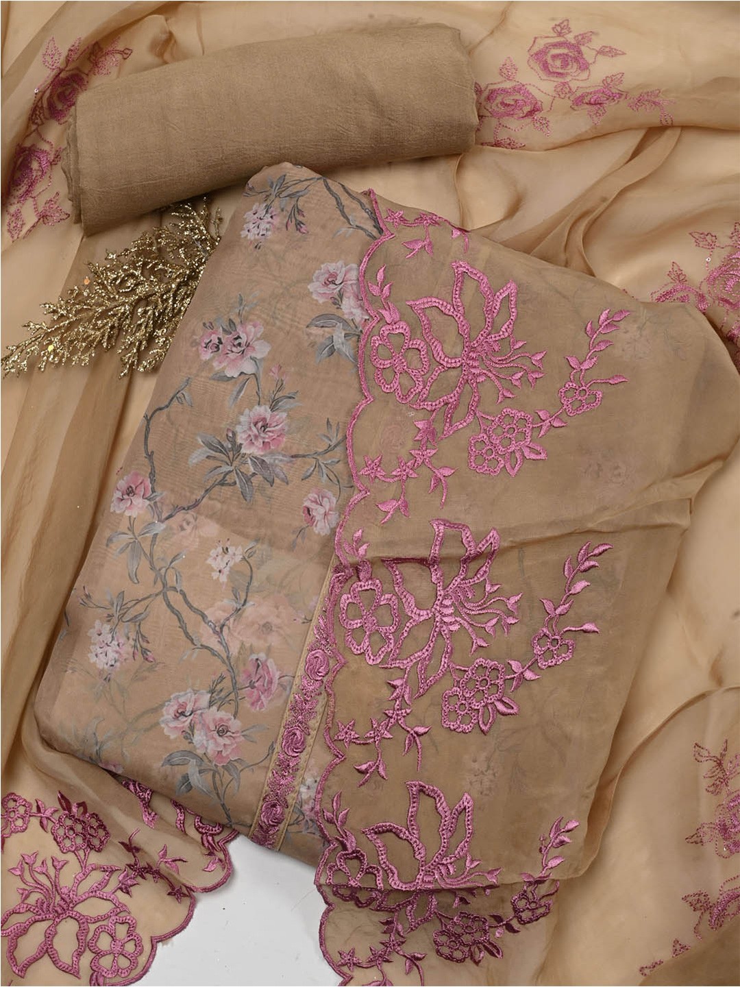 

Meena Bazaar Printed Sequinned Organza Unstitched Dress Material, Beige