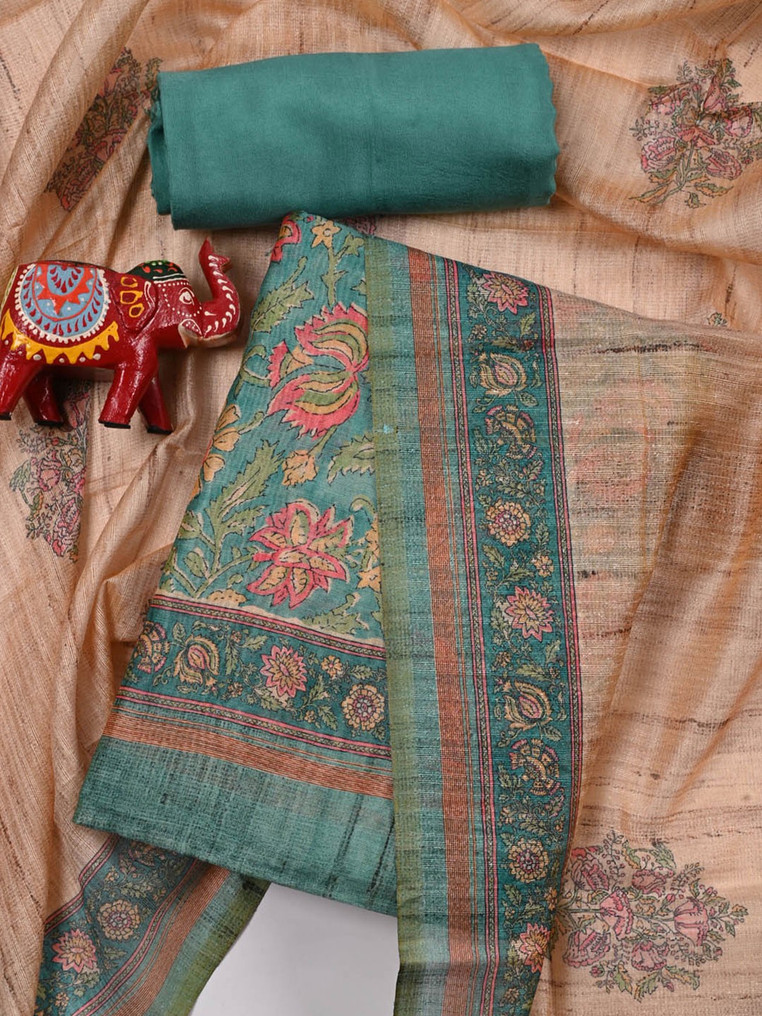 

Meena Bazaar Floral Printed Art Silk Unstitched Dress Material, Sea green