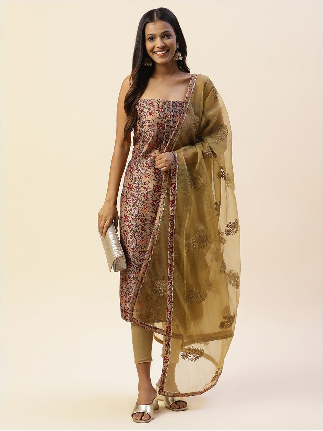 

Meena Bazaar Printed Art Silk Unstitched Dress Material, Olive