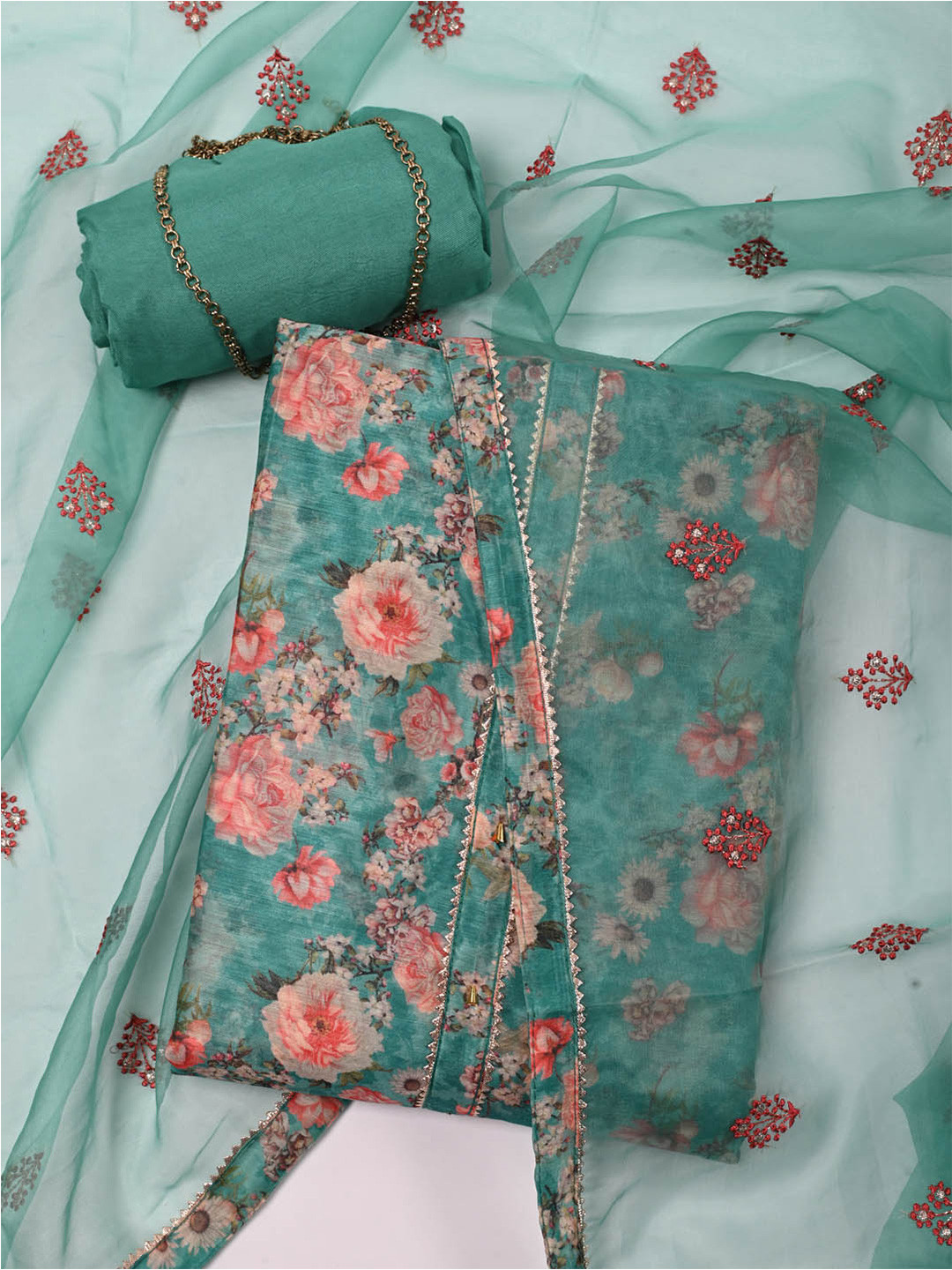 

Meena Bazaar Printed Art Silk Unstitched Dress Material, Sea green