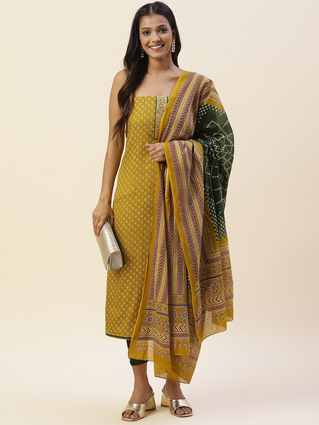 

Meena Bazaar Ethnic Motifs Printed Unstitched Dress Material, Mustard