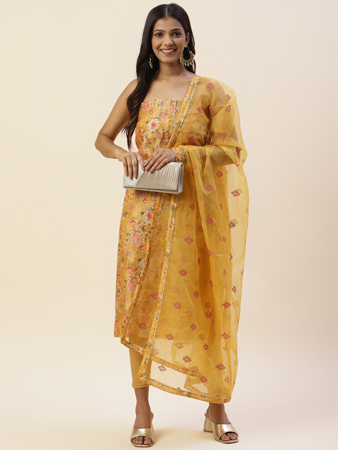 

Meena Bazaar Printed Gotta Patti Art Silk Unstitched Dress Material, Mustard