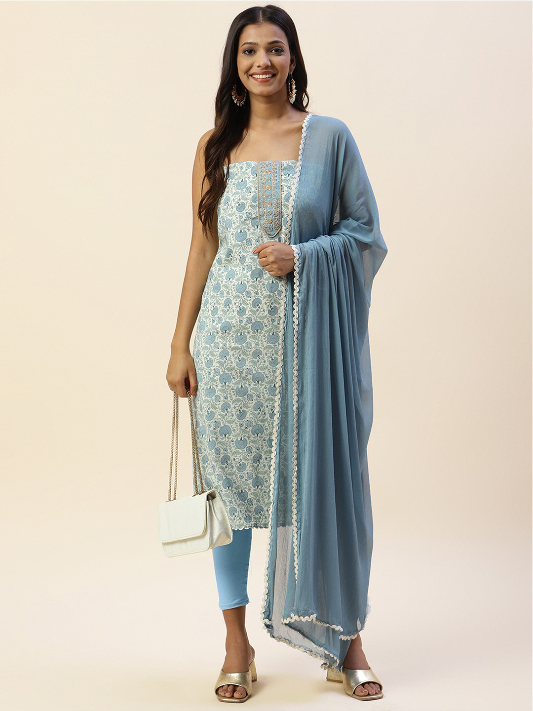 

Meena Bazaar Printed Unstitched Dress Material, Blue