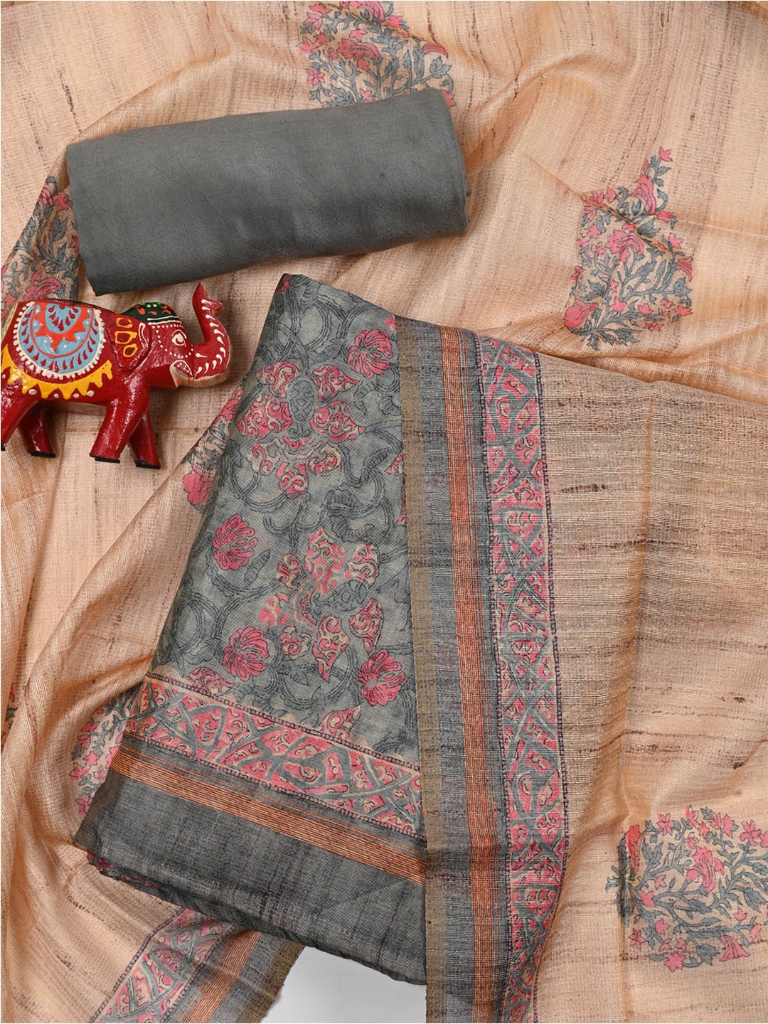 

Meena Bazaar Printed Art Silk Unstitched Dress Material, Grey