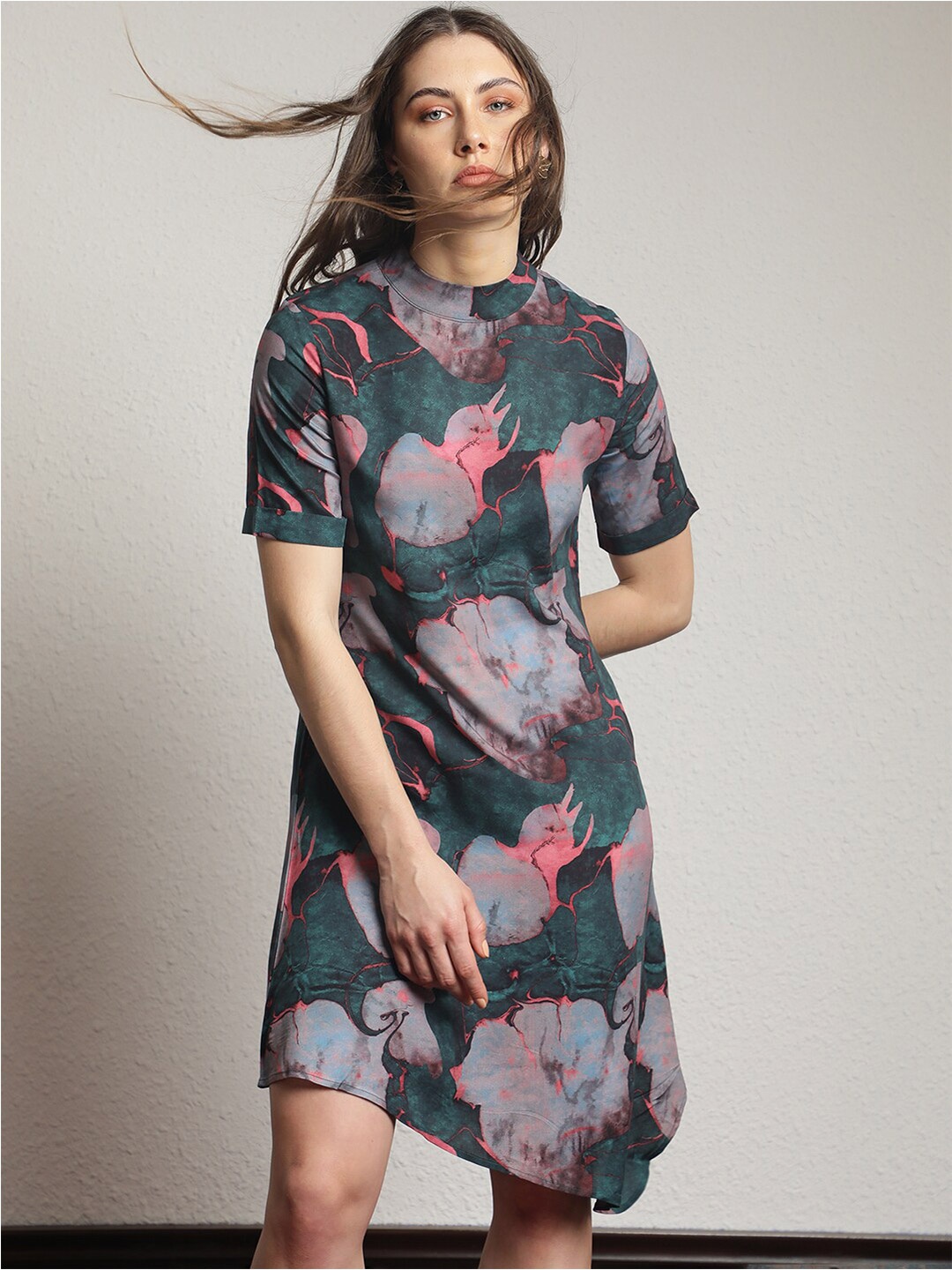 

RAREISM Floral Printed A-Line Dress, Green