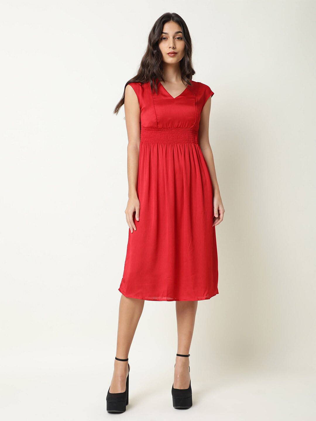 

RAREISM V-Neck Fit and Flare Midi Dress, Red