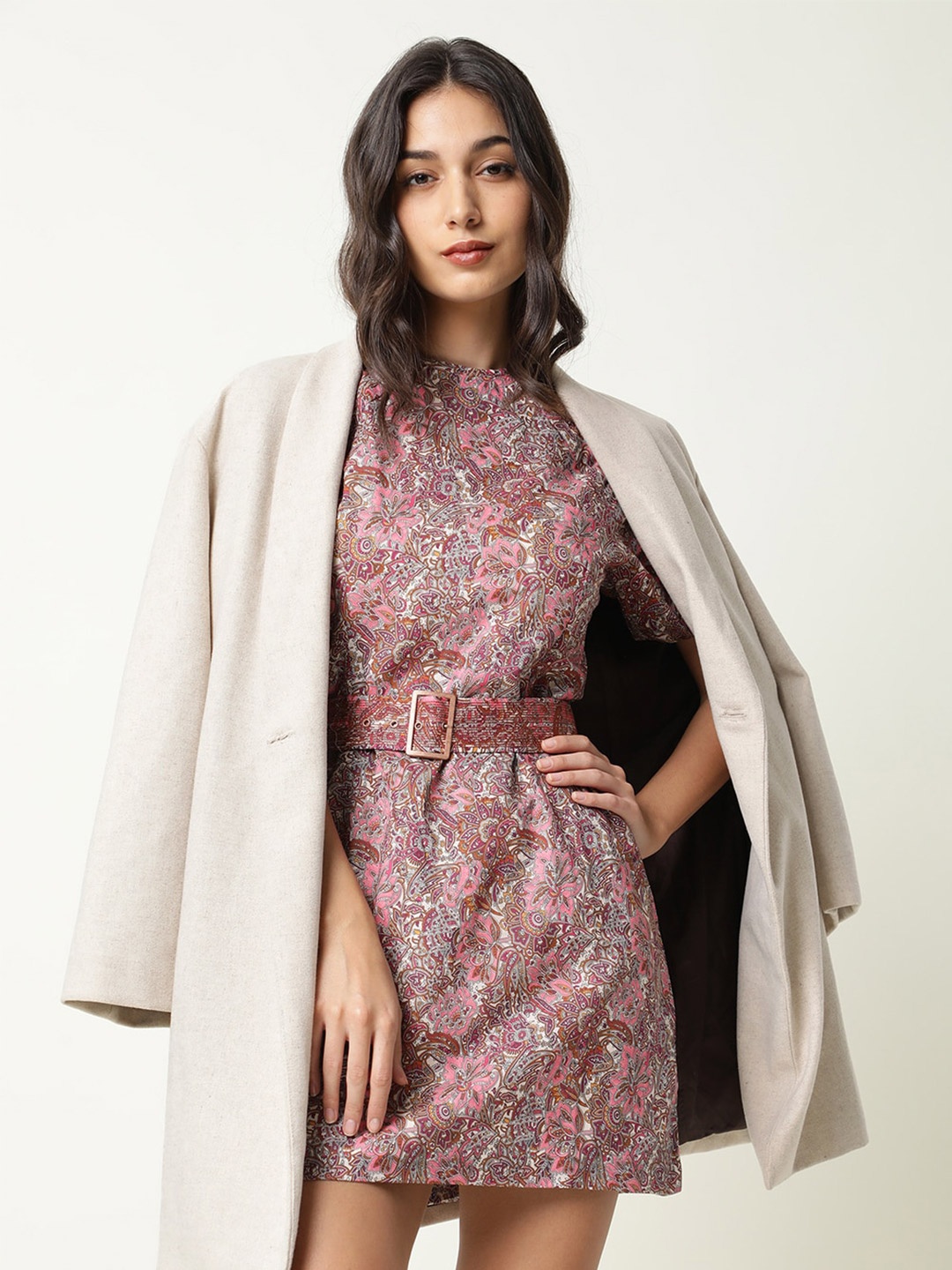 RAREISM Ethnic Motifs Print Slit Sleeve A-Line Dress, Pink