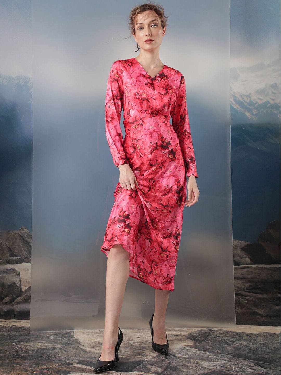 

RAREISM V-Neck Floral Print A-Line Dress, Maroon