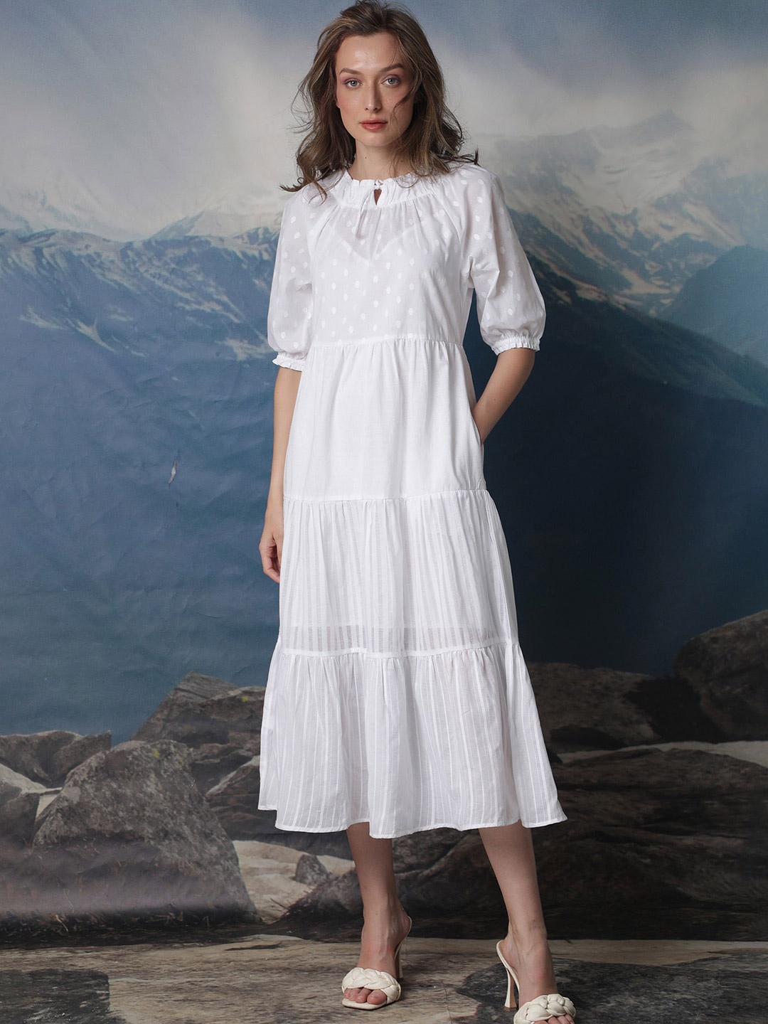 

RAREISM Tie-Up Neck A-Line Midi Dress, White