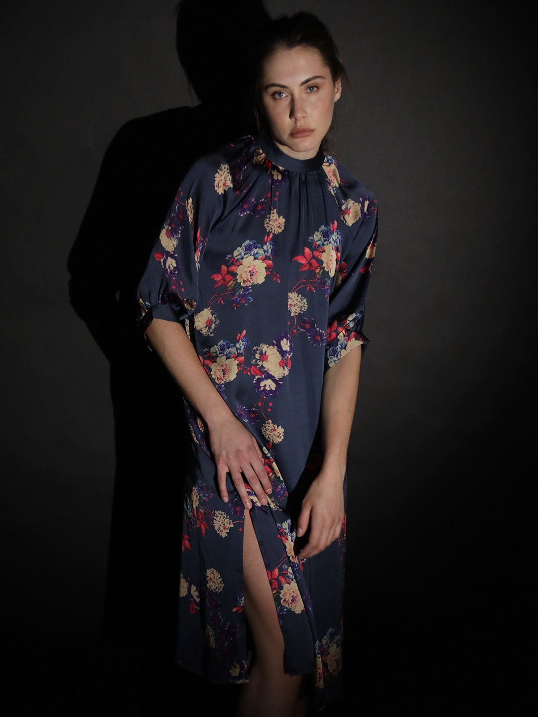 

RAREISM Floral Printed A-Line Dress, Navy blue