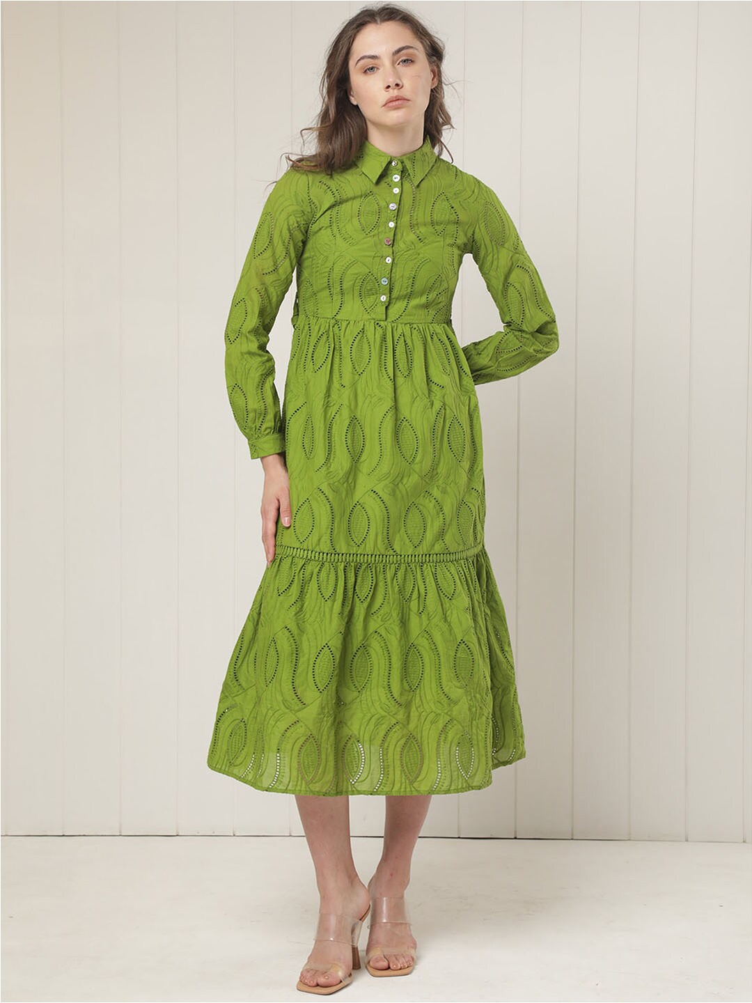 RAREISM Self Design Fit and Flare Midi Dress, Green