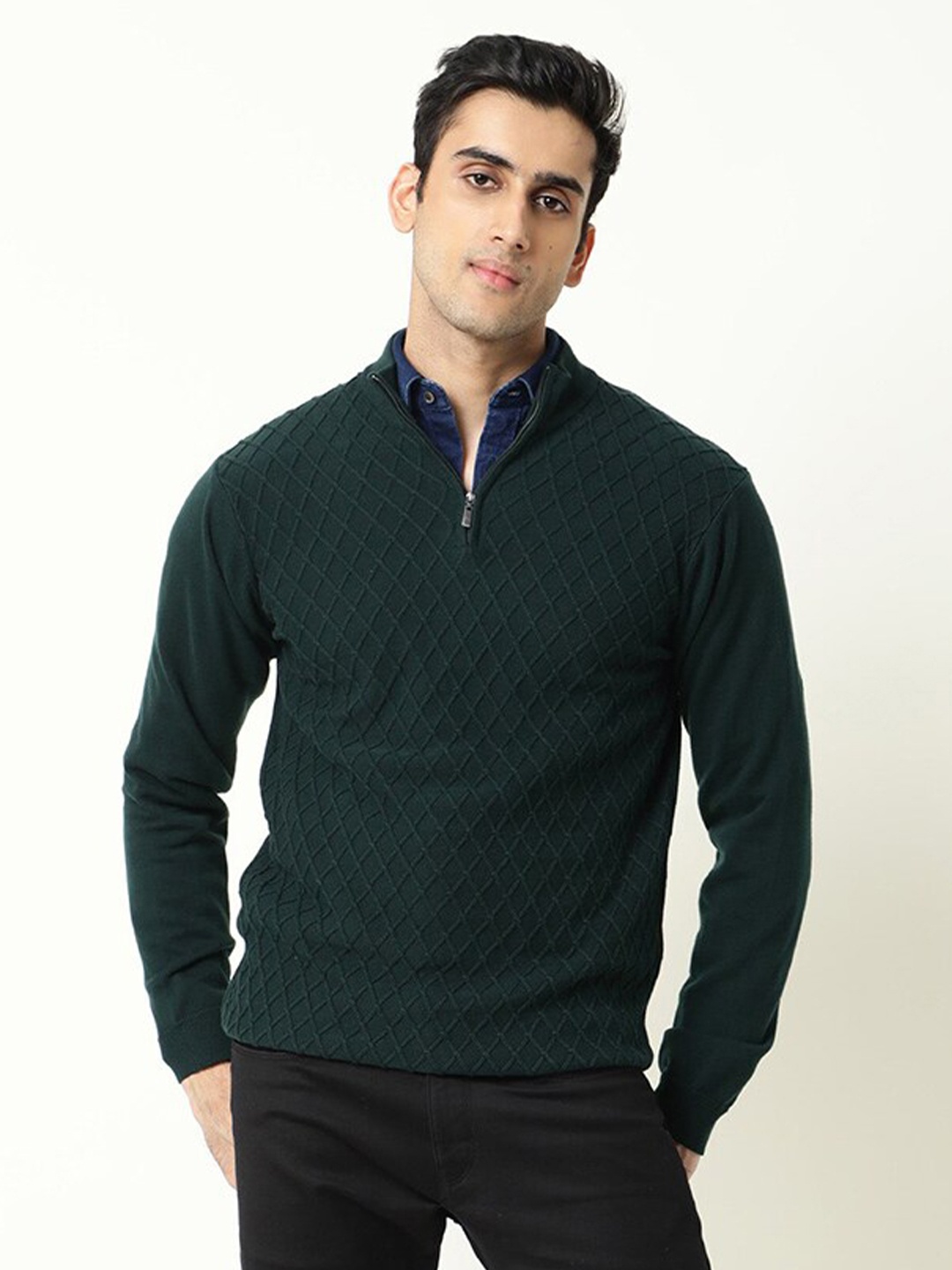

RARE RABBIT Men Troyer Slim Fit High Neck Sweatshirt, Green