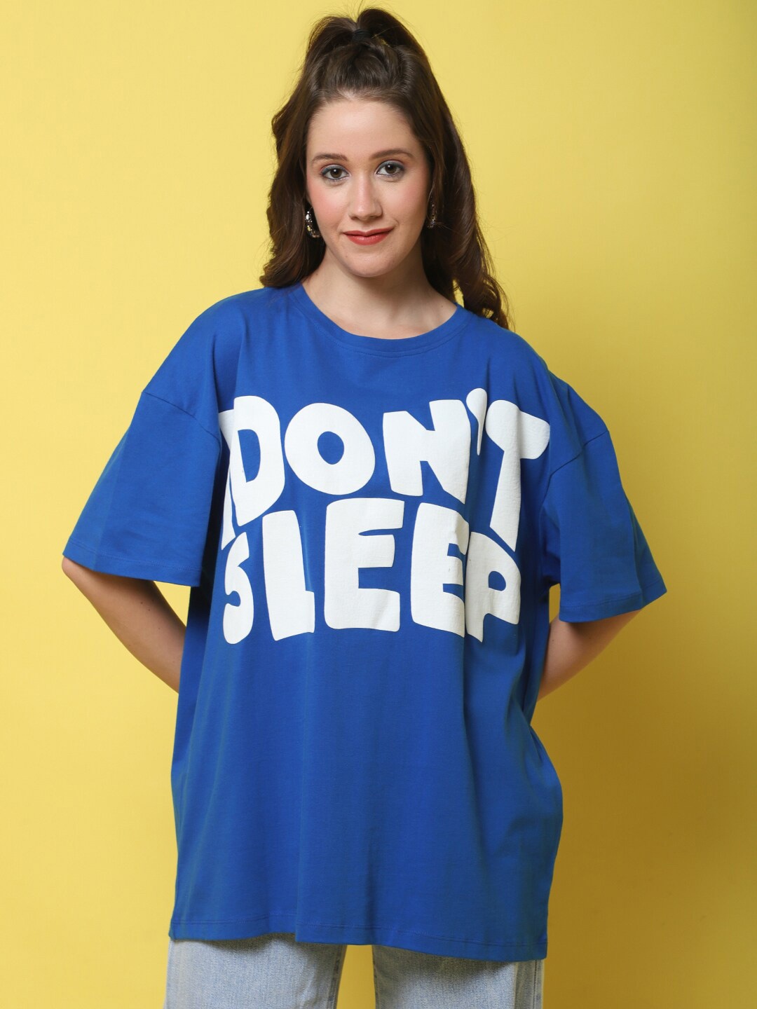 

DOOR74 Typography Printed Drop-Shoulder Sleeves Cotton Oversize T-Shirt, Blue