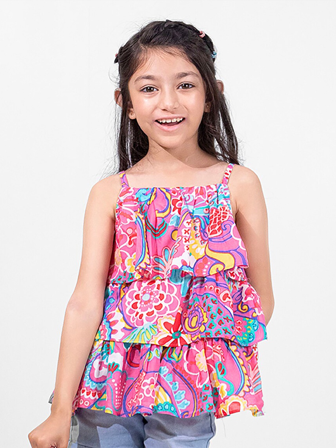 

Whistle & Hops Girls Bohemian Printed Shoulder straps Pure Cotton Tiered Top, Pink