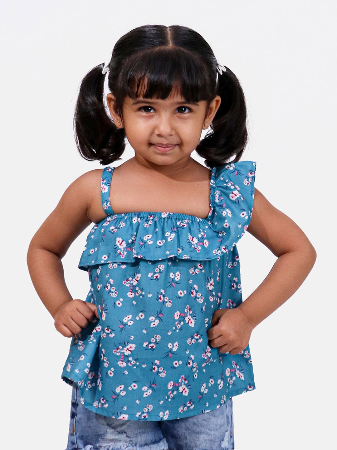 Whistle & Hops Girls Floral Printed Shoulder Straps Ruffles Top, Blue